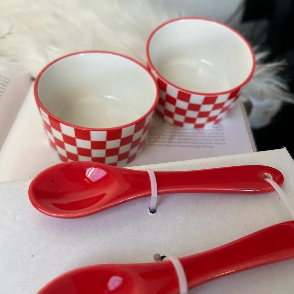 Red and White Checkered Ceramic Bowls with Spoons